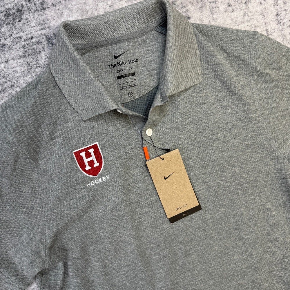 Harvard Crimson Hockey Shirt Mens Small Gray Nike Slim Dri Fit Knit Polo Ivy NEW